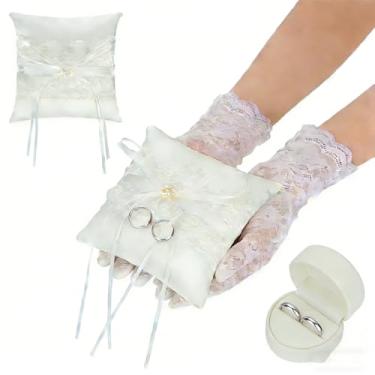 Imagem de Almofada de anel de casamento de cetim de pérola de renda elegante com bordado requintado para cerimônia de casamento proposta romântica travesseiro para decoração de casamento clássica vintage