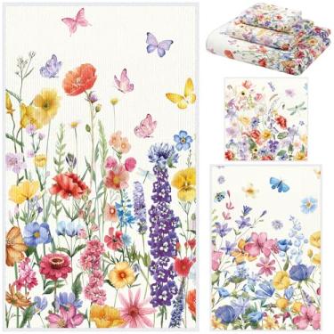 Imagem de Moukeren Conjunto de 3 toalhas de banho de primavera flores silvestres toalha de banho floral toalha de mão e toalha de banho toalhas decorativas absorventes macias para banheiro, cozinha, hotel
