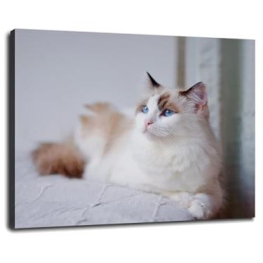 Imagem de 093 Arte de parede de gato branco impressões em tela peluda pôster adorável para casa conjunto de 1 decorações com moldura 25.4 cm x 20.3 cm