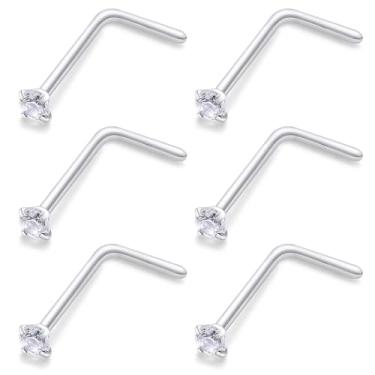 Imagem de Ftovosyo 6 peças de anéis de nariz de aço cirúrgico em forma de L para mulheres 1,5 mm zircônia cúbica parafuso de narina piercings hipoalergênicos 24 g 22 g 20 g, 22g,1.5mm CZ, Metal, Zircônia cúbica