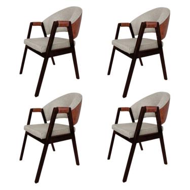 Imagem de Kit 4 Cadeira Jantar Madeira Maciça Hélen Compose Facto Ocre Bege Linho Castanho