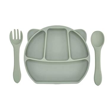 Imagem de burko Placas de sucção de silicone para bebês com alimentação automática Placa de sucção para bebês com colher e garfo de silicone BPA Free Design dividido para lava-louças e micro-ondas