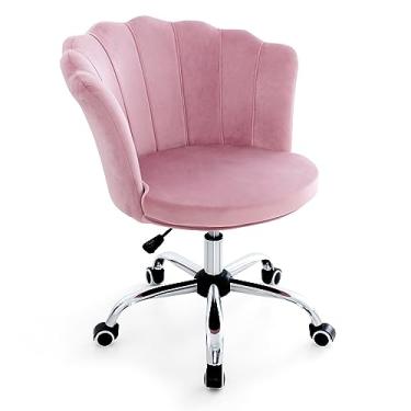 Imagem de Giantex Cadeira de veludo para escritório em casa, moderna e fofa, cadeira de mesa estofada com rodas, cadeira de trabalho giratória ajustável, cadeira de vaidade confortável para quarto de meninas e