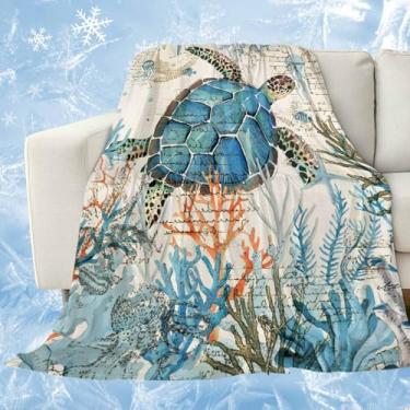 Imagem de Cobertores refrescantes de tartaruga náutica para pessoas que dormem quente, oceano coral, estrela-do-mar, retrô, cobertor de gelo de tartaruga costeira, leve, 101,6 x 152,4 cm, cobertores frios de