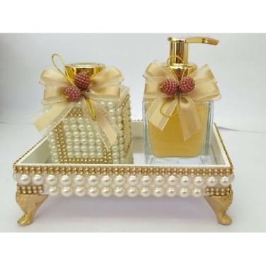Imagem de Kit Lavabo Luxo com Bandeja Espelhada e Strass – Sabonete Líquido e Difusor de Ambiente Decorativo – Presente Elegante para Banheiro e Sala