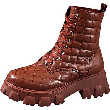 Imagem de Botas de combate femininas femininas com zíper nas costas bico redondo botas de cano curto moda com cadarço botas de salto baixo botas de vaqueira, Café, 34 BR
