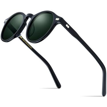 Imagem de HEPIDEM Óculos de sol redondo retrô vintage acetato, armação transparente verde, proteção UV400 polarizada, design unissex 9401, Preto 9401t, S 44mm