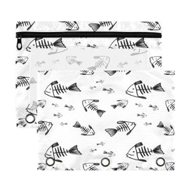 Imagem de Wassud Bolsa de lápis para fichário de 3 anéis esqueletos de peixe preto bolsas com zíper serve para fichários padrão estojo de lápis para escritório, pacote com 2