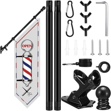 Imagem de Jetec Bandeira de barbearia, barbearia, publicidade ao ar livre, faixa de penas swooper, bandeira aberta dupla face com kit de mastro, suporte de metal montado na parede 30 x 104 cm para salão de
