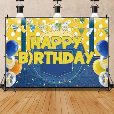 Imagem de Leowefowa Jeans amarelo vinil 1,5 x 0,9 m, pano de fundo, balões azuis, fundo fotográfico, chá de bebê, decorações de festa de aniversário, meninos, 1º 2º aniversário, adereços de estúdio