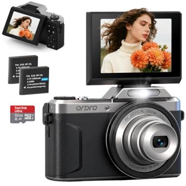 Imagem de Câmera digital 4K para fotografia, câmera vlogging WiFi de 64 MP para YouTube com tela flip de 2,8 polegadas e 180°, câmera de vídeo UHD com zoom óptico de 6X com cartão SD de 32 GB, 2 baterias