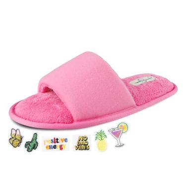 Imagem de Jessica Simpson Chinelos femininos de espuma viscoelástica de bico aberto com adesivos de velcro removíveis, Rosa neon, Large