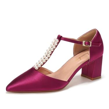 Imagem de Elivandon J1587 Sandália Feminina de Cetim Bico Fino Salto Médio 6cm Bloco Dupla Pérola Tira em T Noiva Festa Casamento Cor Vermelho Violeta,Tamanho BR 40/EU 42