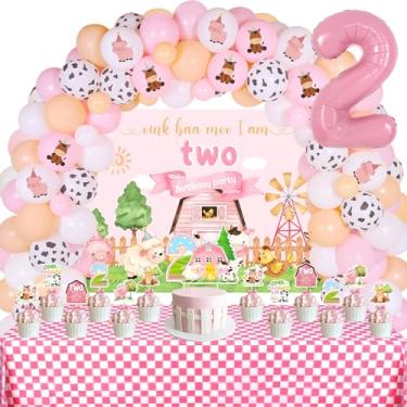 Imagem de JOYMEMO Pink Farm 2nd Birthday Decorations Girl, Oink Baa Moo I am Two Backdrop, Cake Toppers, Checkered Tablecloth for Farm Animals Balloon Garland Arch Kit, Farmhouse Theme Party Supplies