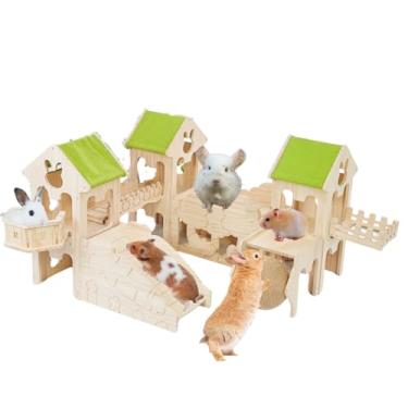 Imagem de Esconderijo de porquinho-da-índia de madeira, brinquedos de escalada, labirinto de hamster, acessórios de animais pequenos para coelho, chinchila, rato, camundongo, gerbil (combinações 12)