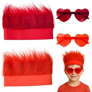 Imagem de HeXueLy Funny Hairy Headband with Heart Glasses (2 Pack), Troll Wig Costume for Halloween, Mardi Gras, Crazy Hair Day - Red & Orange for Adults Teens (2 Wigs + 2 Glasses)