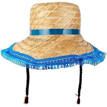 Imagem de Chapéu De Palha Infantil Para Festa Junina Com Tranças Rendado Azul