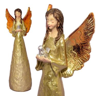 Imagem de Anjo Dourado De Resina Com Detalhe Pombo 20Cm