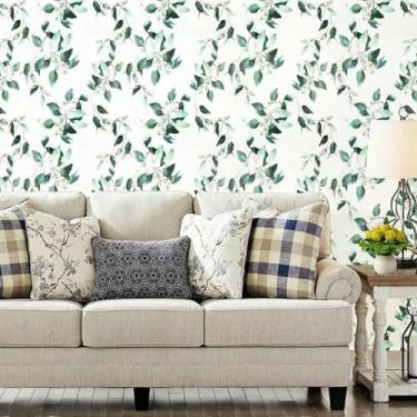 Imagem de ESSMOKO Papel de parede autoadesivo impermeável PVC adesivo decorativo para renovação de parede e móveis de casa branco e verde 45 * 300 cm