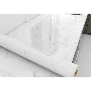 Imagem de ESSMOKO Papel de parede espesso efeito de mármore adesivo de bancada de cozinha impermeável à prova de óleo resistente a altas temperaturas papel de parede autoadesivo branco elegante 40 * 1000 cm