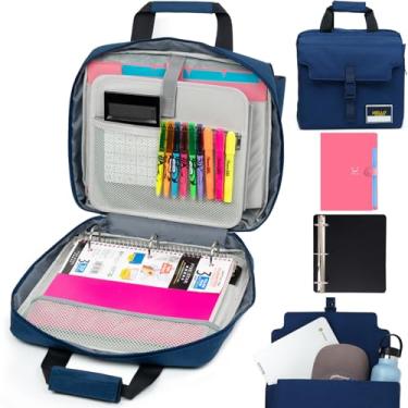 Imagem de Kaitiaki Bolsa de fichário com zíper de 3 anéis com alça e alça de ombro, anel de vedação de 5 polegadas, bolso grande para laptop, pasta expansível de 5 abas, kit de material escolar (azul escuro)