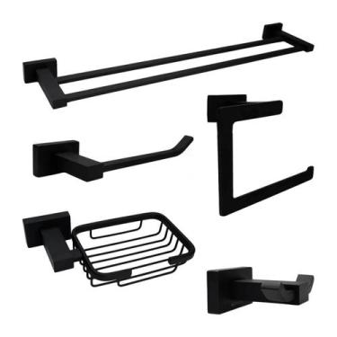 Imagem de Kit Acessórios Quadrado Luxo Banheiro Inox 5 Peças Preto - KOKAY