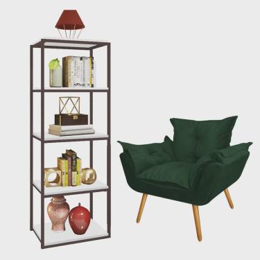 Imagem de Kit Poltrona Fatte com Estante Livreiro Ferro Marrom mdf Branco Suede Verde Musgo - Ahazzo Móveis