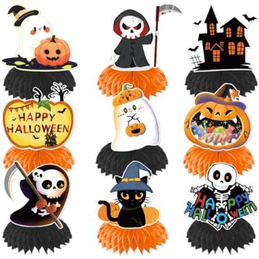 Imagem de Conjunto de 9 peças centrais de favo de mel de Halloween - Decorações de mesa assustadoras com designs de abóbora, fantasma, morcego e bruxa - Decoração de festa de papel dobrável