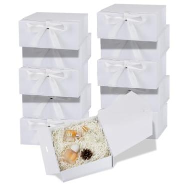Imagem de OEMVALATY Pacote com 10 caixas de presente, caixa de presente de 25 x 19 x 8 cm com tampa magnética e fita, caixa de presente de dama de honra para casamento, armazenamento, presente (branca)