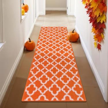 Imagem de U'Artlines Tapete de corredor longo para corredor, 6 x 2 m, antiderrapante, para cozinha, tapete de corredor, laranja, padrão geométrico, lavável à máquina, tapete para entrada e banheiro