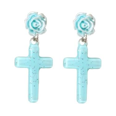 Imagem de Brincos pendentes de cruz de rosa acrílica para mulheres, brincos pendentes de resina com glitter, declaração de Halloween, leve, romântico, floral, florescendo, joia delicada, gótica, festa