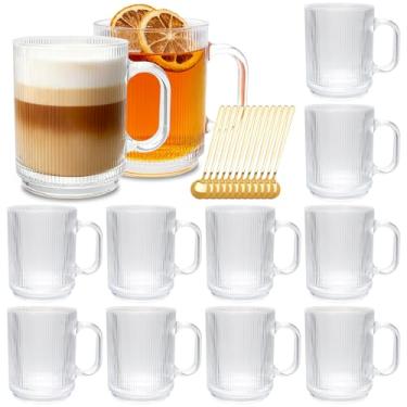 Imagem de Pacote com 12 canecas de café de vidro com alça e colher, xícaras de café de vidro de 350 ml, xícaras de café com listras verticais, xícara de chá transparente para bebidas quentes/frias, conjunto de