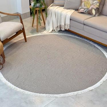 Imagem de Tapete Redondo Franjado 150 x 150 cm Pelo Curto Sala Quarto Cozinha Escritório (Palha Quadriculado)