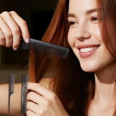 Imagem de Pente profissional de fibra de carbono preto, pente de barbeiro de dentes finos e largos para todos os tipos de cabelo, 2 peças