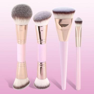 Imagem de Conjunto de pincéis cosméticos, 4 peças, base, pó, contorno, corretivo, pincéis de maquiagem para olhos para creme bronzeador líquido, pincéis faciais Kabuki, rosa