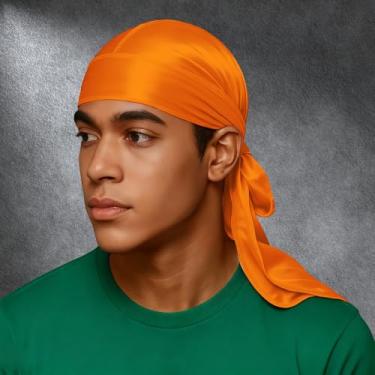 Imagem de Touca de chuveiro de seda para homens ajustável de cetim macio luxuoso protetor de cabelo spa de banho para uso diário (laranja)