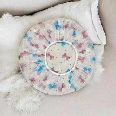 Imagem de 3 peças de touca de banho à prova d'água à prova de poeira, touca de banho com padrão de laço rosa e azul para proteção do cabelo