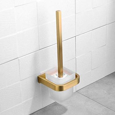 Imagem de Escova de vaso sanitário, suporte quadrado de escova de vaso sanitário, acabamento dourado escovado, suporte de limpeza de banheiro de aço inoxidável com copo de vidro - 2 peças