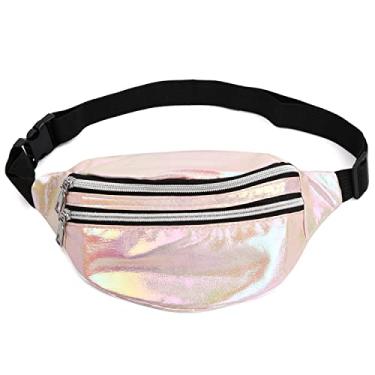 Imagem de Bolsas de cintura elegantes à prova d'água com cinto ajustável bolsa de cintura holográfica para mulheres para viagens, corrida, caminhada (rosa)