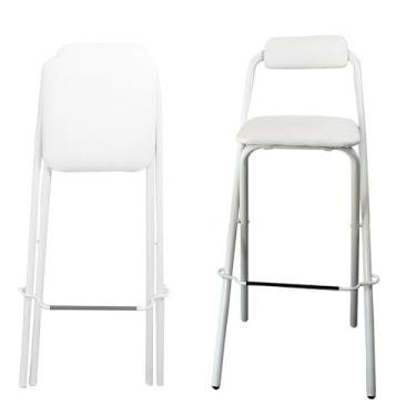 Imagem de Banqueta de bar dobrável portátil com encosto e apoio para os pés - Assento almofadado confortável, estrutura de metal resistente, banco de bar preto de café da manhã de 71 cm - Cadeira alta para