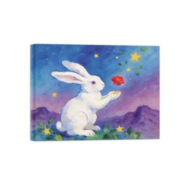 Imagem de BMZFYBS Impressão em tela de arte de parede animal - flores vermelhas de coelho - pintura de decoração moderna - imagens para casa pronta para pendurar tela embrulhada 60 x 80 cm 24 x 31 polegadas