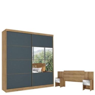 Imagem de Guarda Roupa Casal Malaga Glass 2 Portas Capuccino Azul E Cabeceira Co