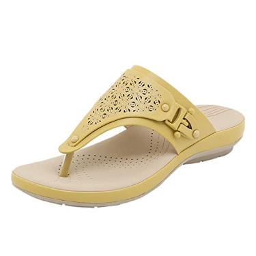 Imagem de Sandálias femininas de verão cor sólida slip on casual bico aberto anabela sapatos de praia confortáveis chinelos sandálias terra para mulheres tamanho 10 (amarelo, 36)
