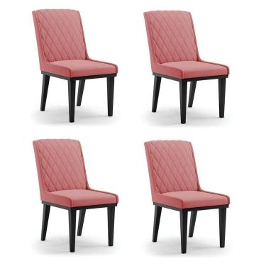 Imagem de Cadeira Sala De Jantar Base Madeira Preto Kit 4 Sofia Suede D03 - D`rossi Cor Rose