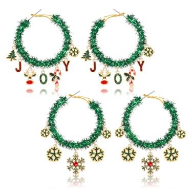 Imagem de BVGA 2 pares de brincos de Natal para mulheres, guirlanda de estanho, verde, brincos de argola de floco de neve, bengala doce, alegria, brincos pendentes para festas de fim de ano, acessórios de