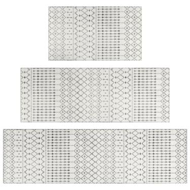 Imagem de Conjunto de 3 tapetes de cozinha boêmios, modernos marroquinos para fazenda, para chão, estampa geométrica, antiderrapante, lavável, tapete para decoração de casa + tapete de corredor