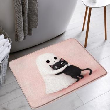 Imagem de KTGHA Tapete de banho assustador Halloween engraçado fantasma fofo gato preto rosa gótico ambiente de férias banheiro banheira tapetes de chão tapete decoração de vaso sanitário, 45,7 x 76,2 cm