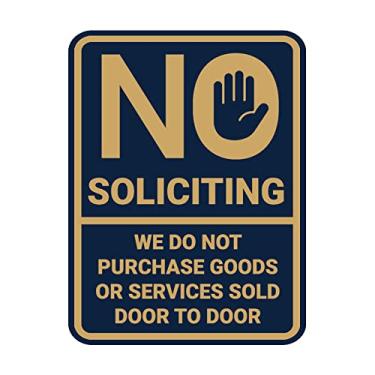 Imagem de Retrato redondo No Soliciting We Do Not Buy Goods or Services Sold Placa de porta a porta (azul marinho/dourado) - Grande