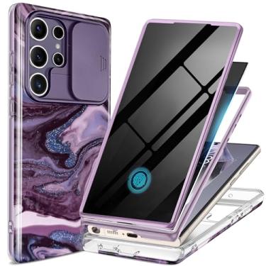 Imagem de GVIEWIN Capa para Samsung Galaxy S24 Ultra, [capa de câmera deslizante e protetor de tela de privacidade integrado] [2 molduras frontais] Capa de telefone mármore à prova de choque de grau militar