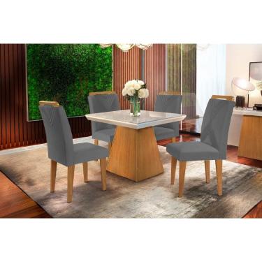 Imagem de Conjunto: Mesa Sala Jantar Luna c/ Tampo Madeirado c/ Vidro Canto Curvo 90x90cm e 4 cadeiras Amsterdã Imbuia/Off White - Suede Grafite - Rufato